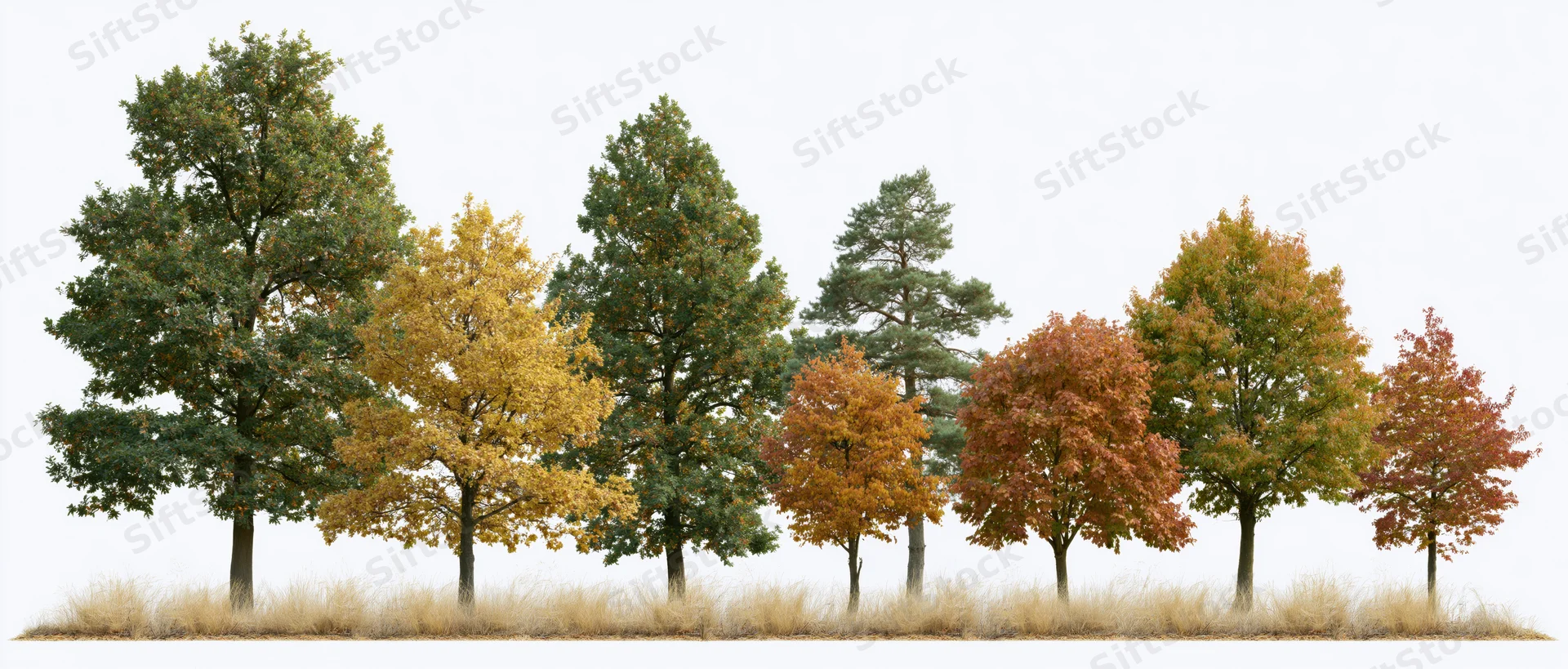 Row of mixed deciduous trees in peak autumn foliage with dry grass at base against white background