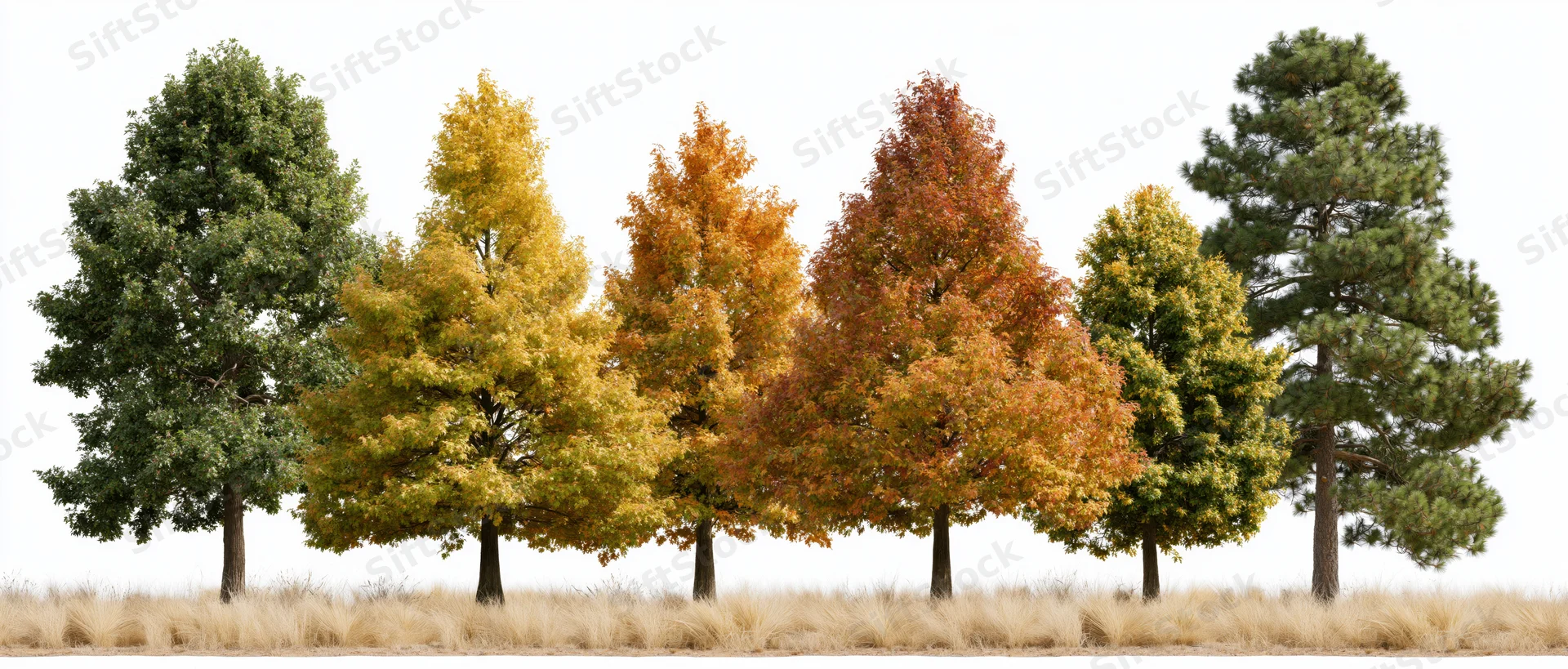 Row of mixed deciduous trees in peak autumn foliage against white background with dry grass at base