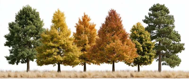 Row of mixed deciduous trees in peak autumn foliage against white background with dry grass at base