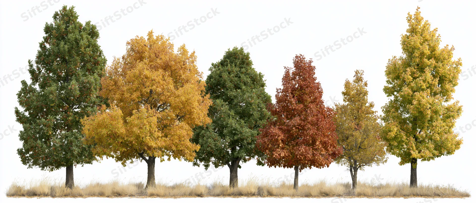 Row of mixed deciduous trees in autumn foliage against white background