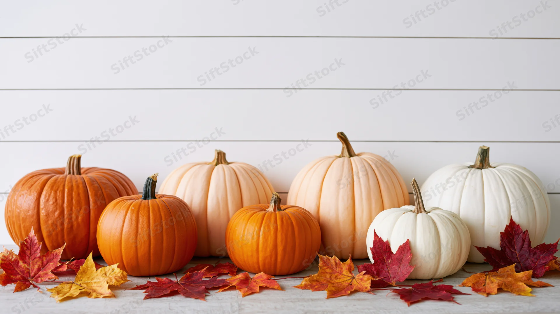Row of orange, peach and white pumpkins arranged on a wooden surface with autumn leaves