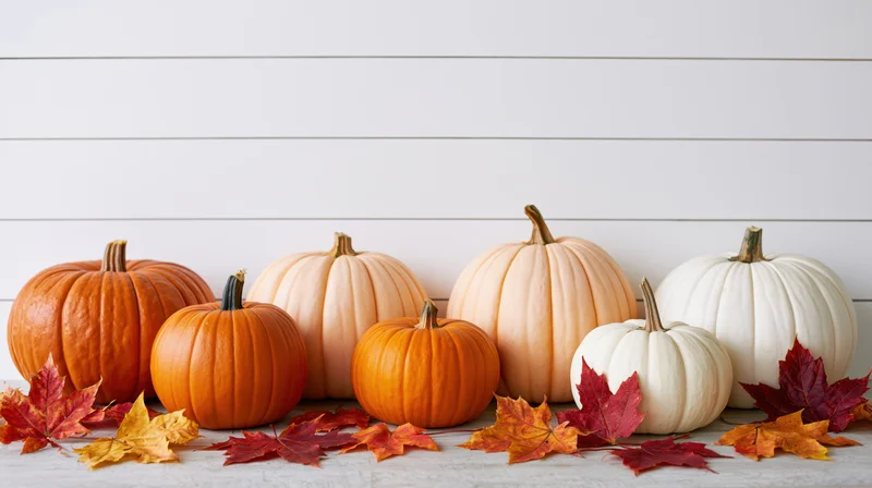 Row of orange, peach and white pumpkins arranged on a wooden surface with autumn leaves