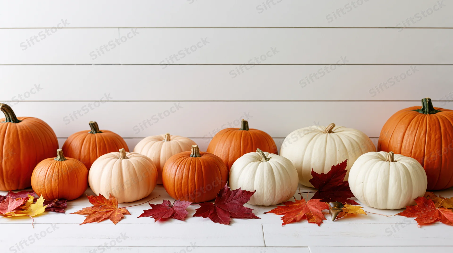 Row of orange, white, and pale peach pumpkins of varying sizes arranged on a white wooden surface with autumn leaves scattered around