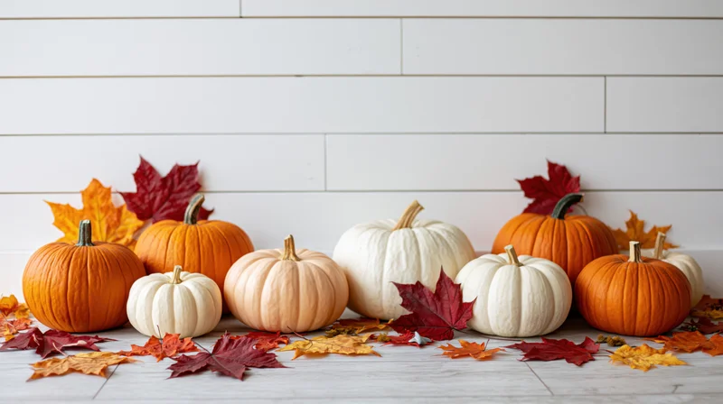 Row of orange, white, and pale peach pumpkins arranged on a wooden floor with autumn leaves against a white plank wall