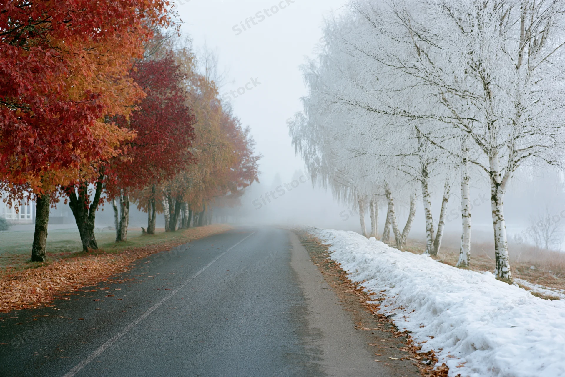 Rural road lined with autumn trees on one side and snow-covered birch trees on the other, fading into fog