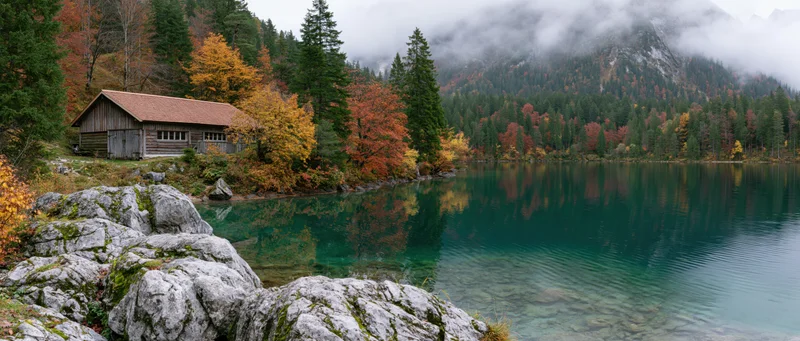 Rustic wooden cabin beside clear turquoise mountain lake in autumn forest landscape