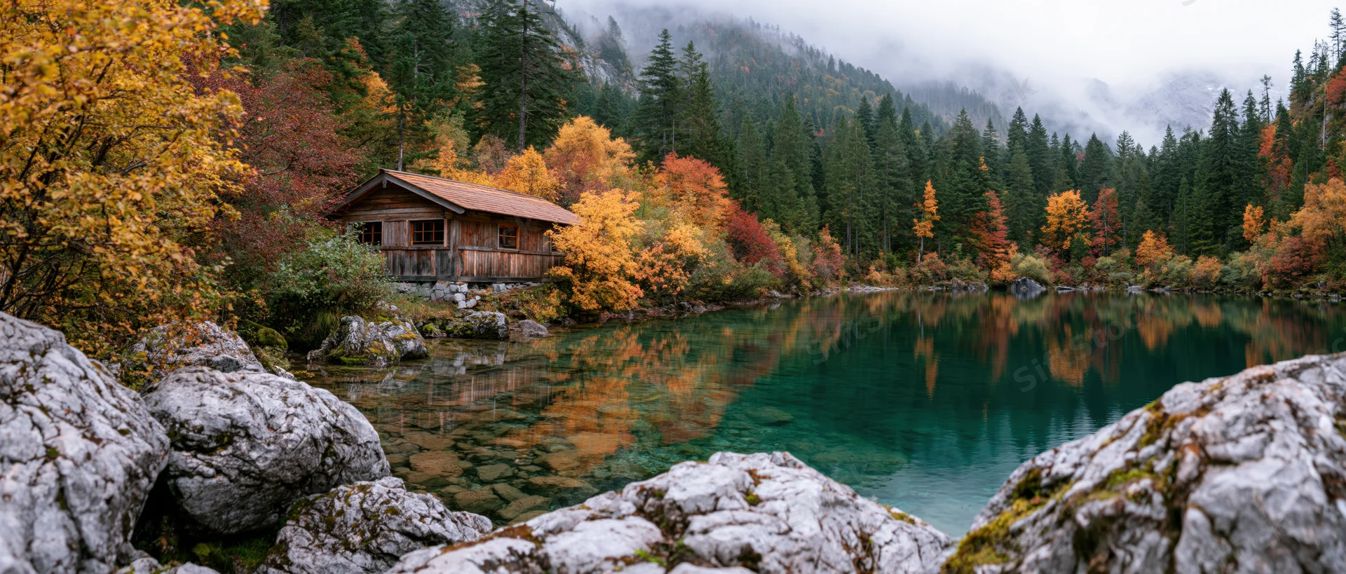 Rustic wooden cabin beside clear turquoise lake in autumn forest with mountain backdrop