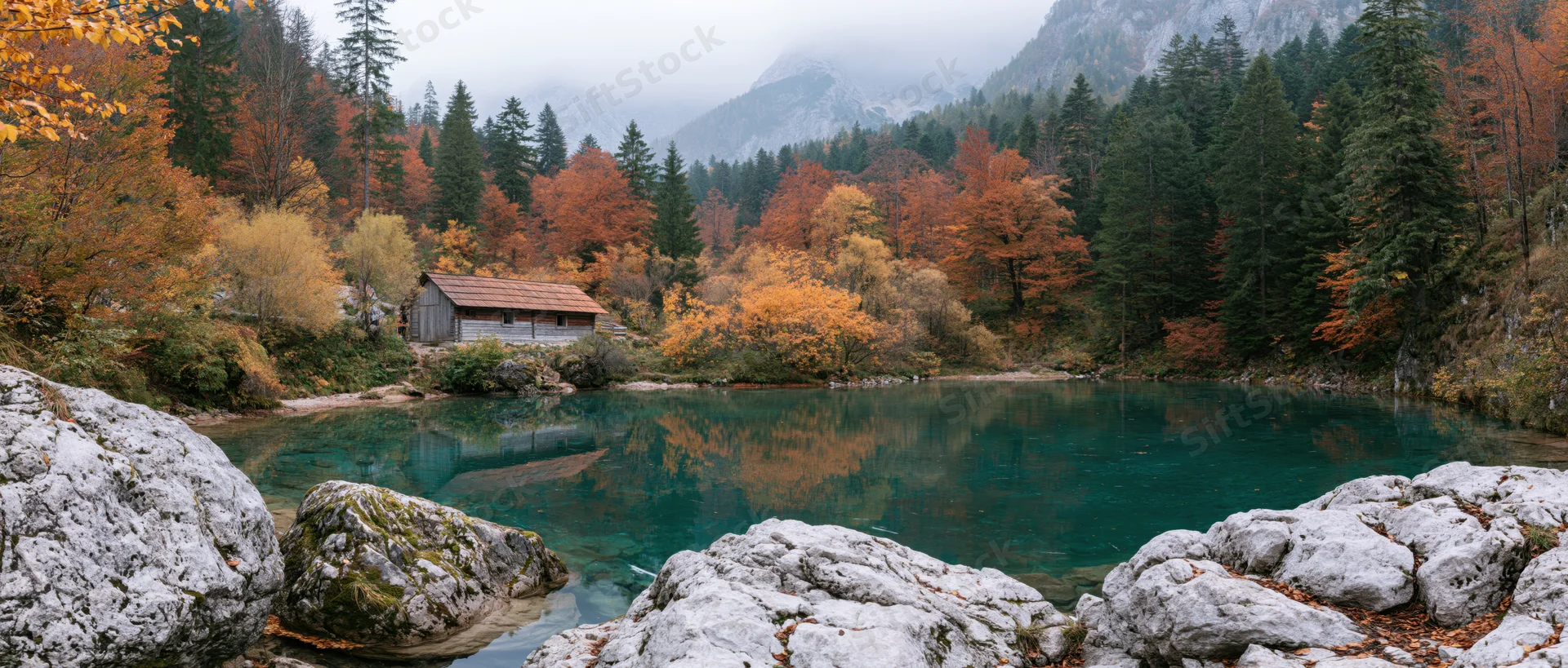 Rustic wooden cabin beside clear turquoise mountain lake surrounded by autumn forest with rock formations in foreground