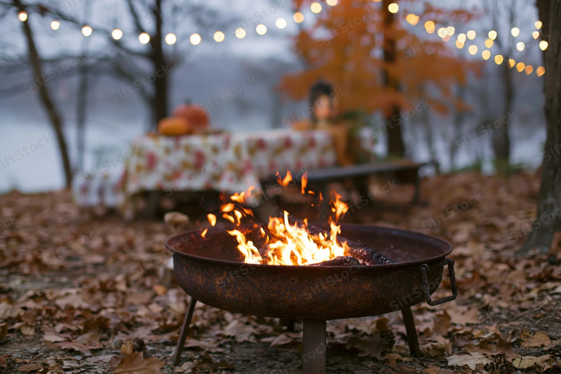 Rusty metal fire pit burning with orange and yellow flames in a leaf-covered outdoor setting at twilight