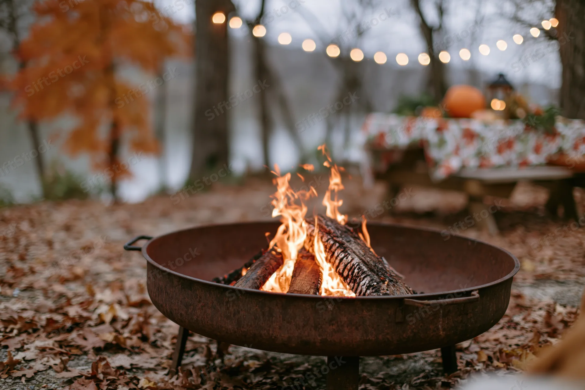Rusty metal fire pit burning with orange and yellow flames in a leaf-covered backyard surrounded by autumn trees and a decorated table with pumpkins and string lights