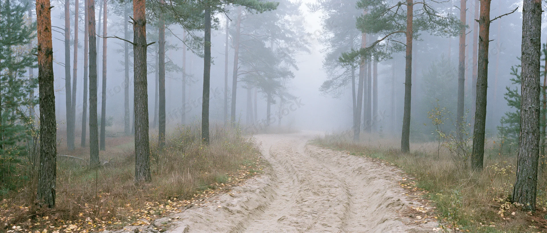 Sandy dirt road winding through foggy pine forest in autumn