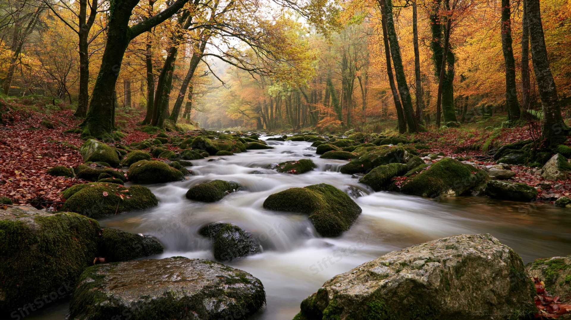 Shallow forest stream flowing over moss-covered rocks through autumn trees with fallen leaves and misty light