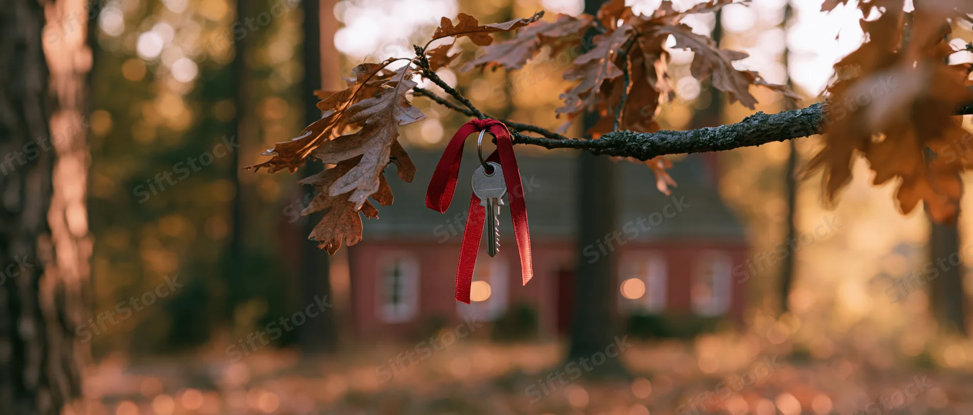 Silver house key with red ribbon hanging from oak tree branch in autumn forest with blurred cabin in background