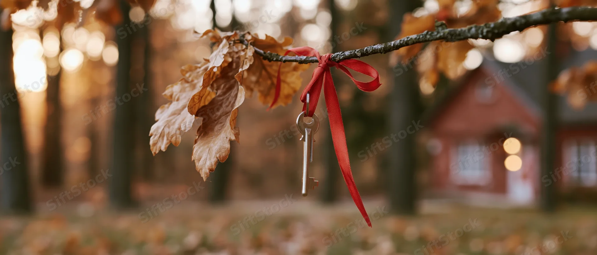 Silver key tied with red ribbon to oak branch in autumn forest with house in background