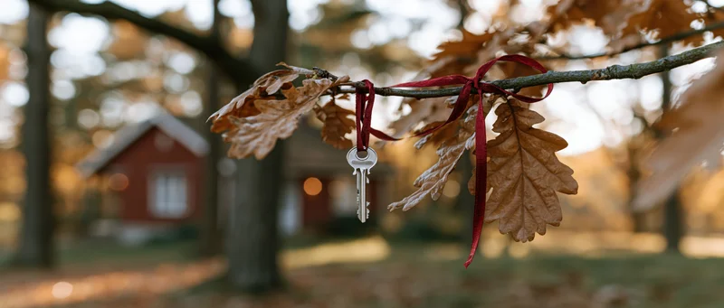 Silver house key tied with red ribbon to oak tree branch in autumn garden with cabin in background