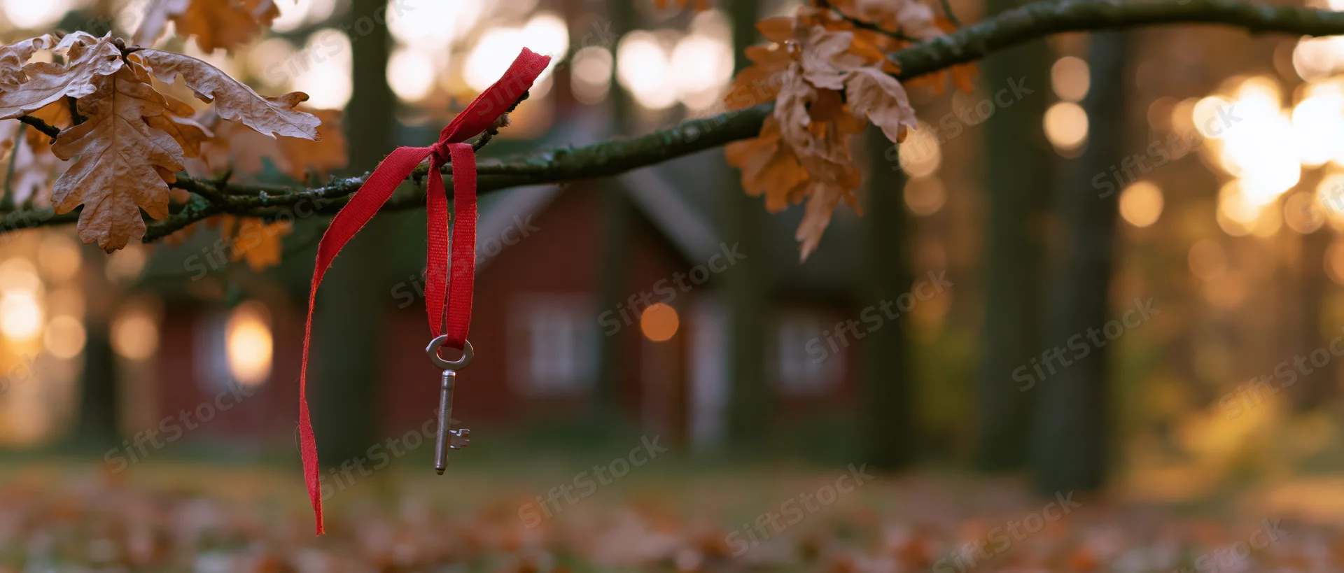 Silver house key hanging from red ribbon tied to oak branch in autumn forest with cabin in background
