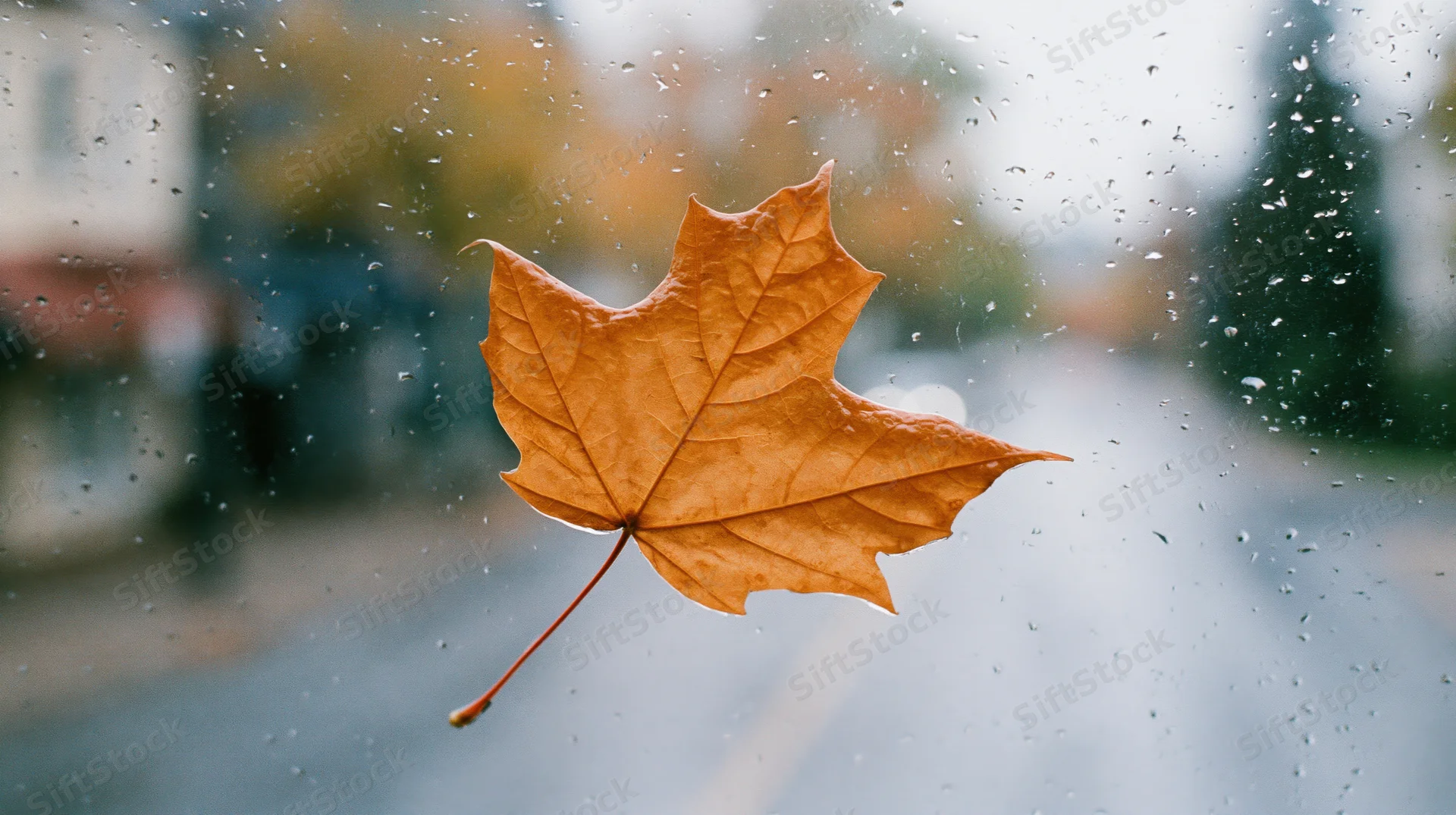 Amber maple leaf pressed against rain-covered window with blurred street view