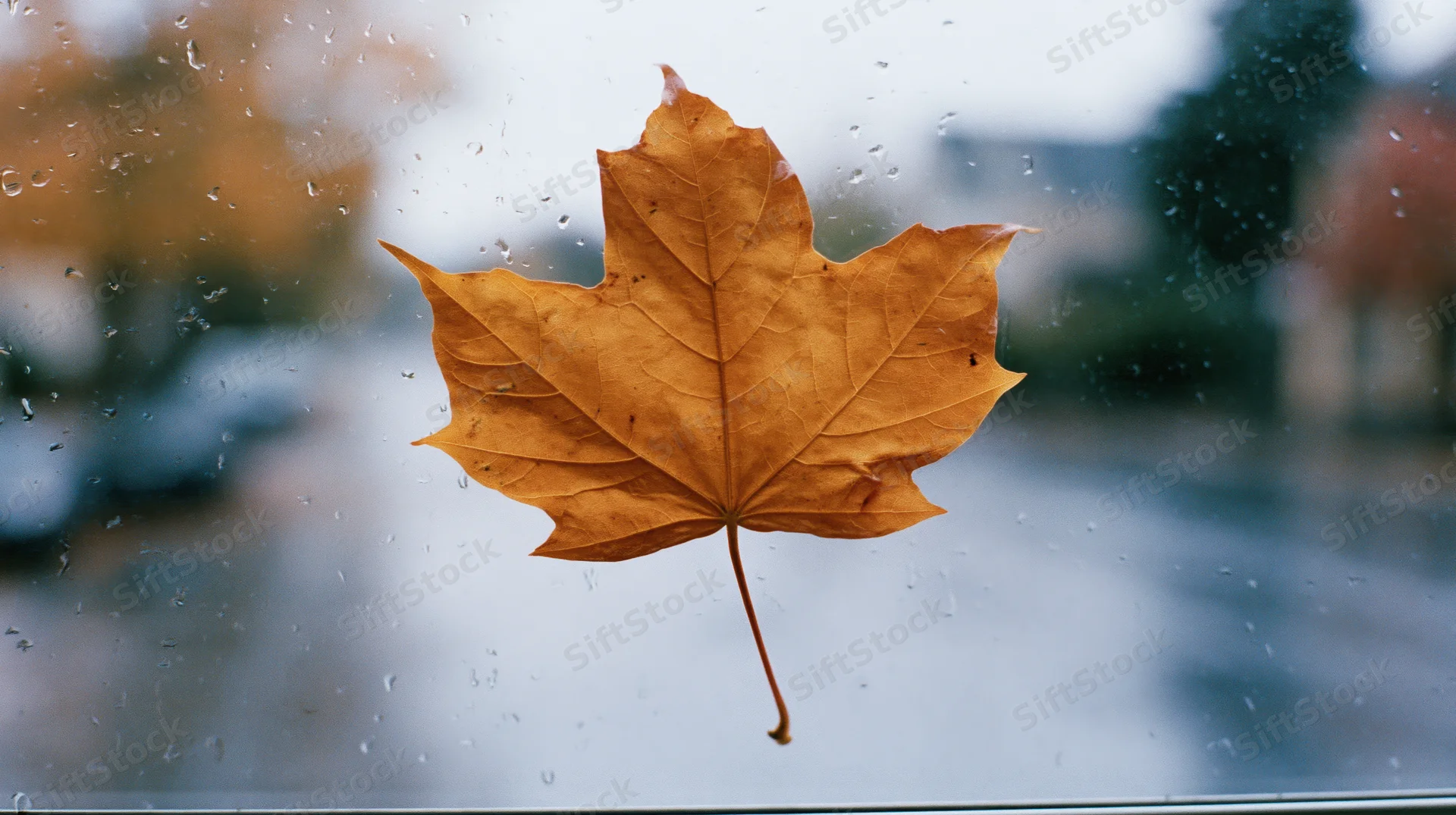 Amber maple leaf pressed against rain-covered window with blurred outdoor view