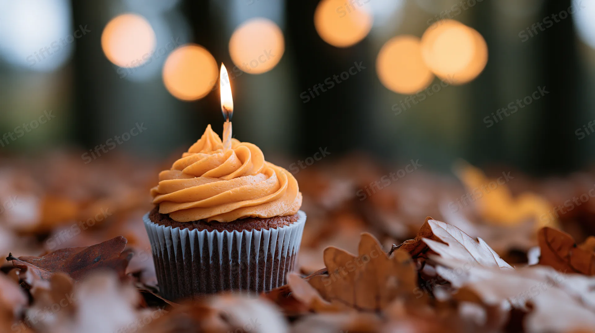 Single cupcake with orange frosting and lit candle placed among fallen autumn leaves outdoors