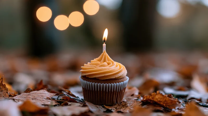 Single cupcake with lit candle and orange frosting on autumn leaves outdoors