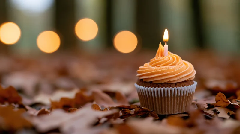 Cupcake with orange frosting and lit candle on autumn leaves in forest