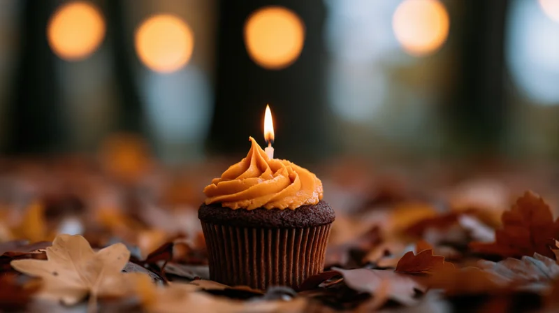 Chocolate cupcake with orange frosting and lit candle on autumn leaves outdoors