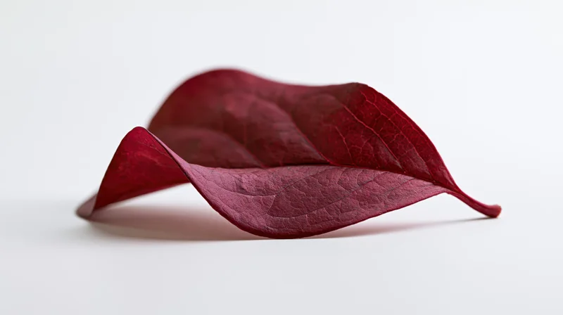 Deep red autumn leaf lying flat on white surface with curled edges