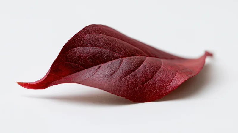 A deep red autumn leaf lying flat with curled edges on a white surface