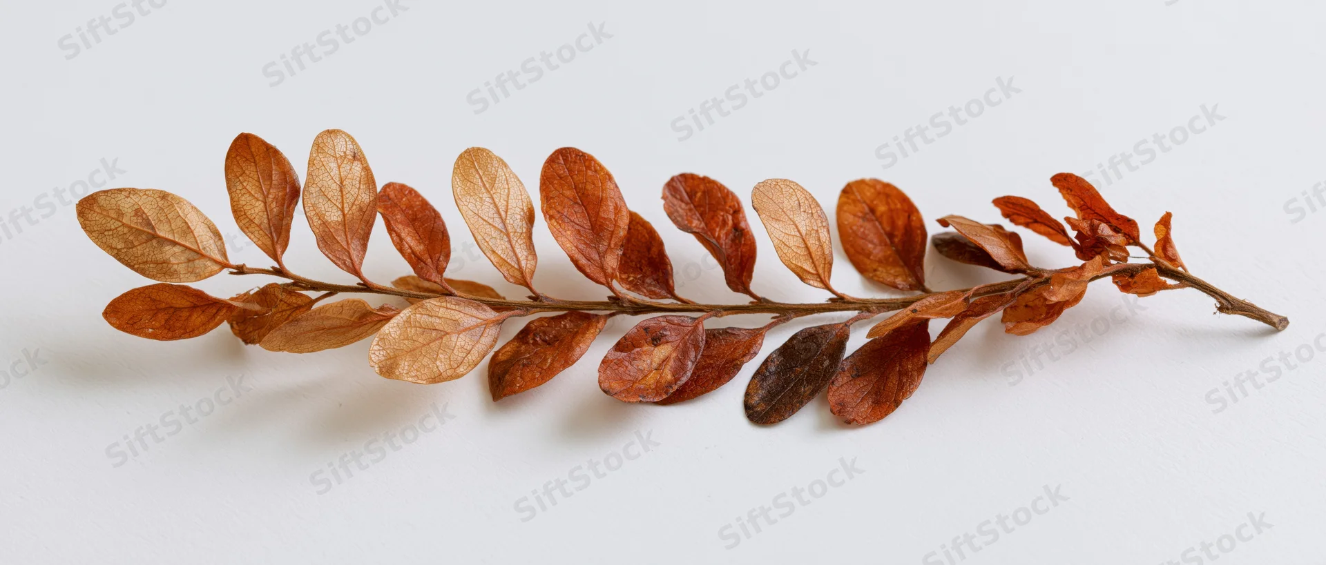 Dried autumn branch with rust-colored leaves arranged horizontally on white surface