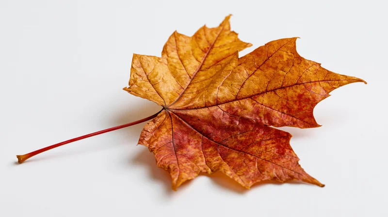 Dried maple leaf lying flat on white background