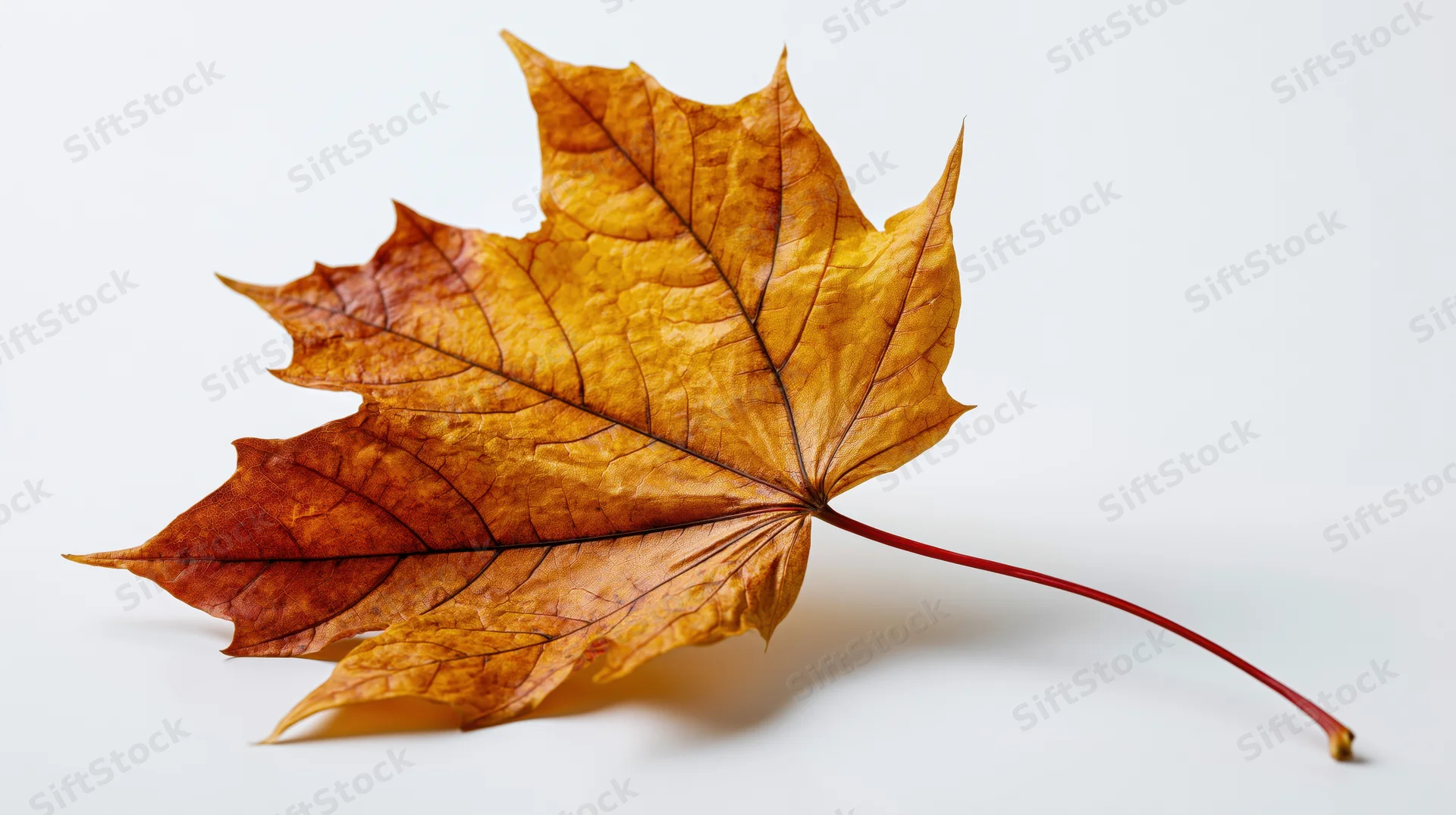 Dried maple leaf lying flat on white surface