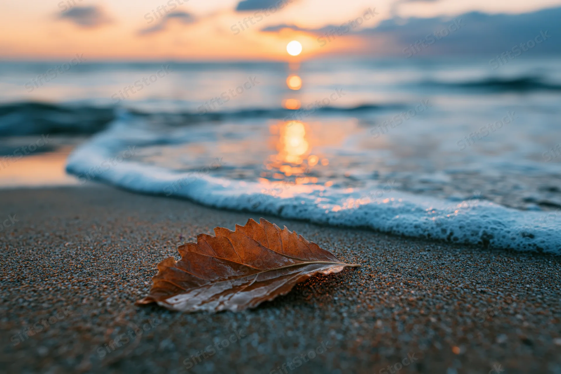Dry autumn leaf on wet sand at beach during sunset with ocean waves and foam approaching