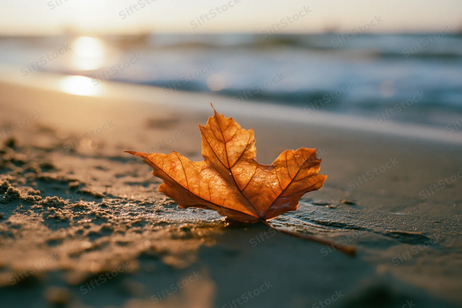 Dry maple leaf resting on wet sand at beach during sunset