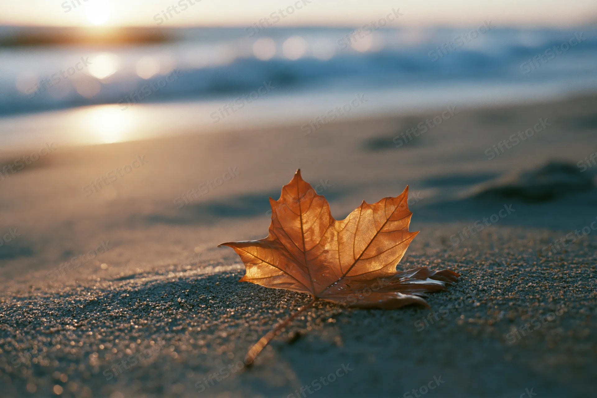 Dry maple leaf resting on wet sand at beach during sunset