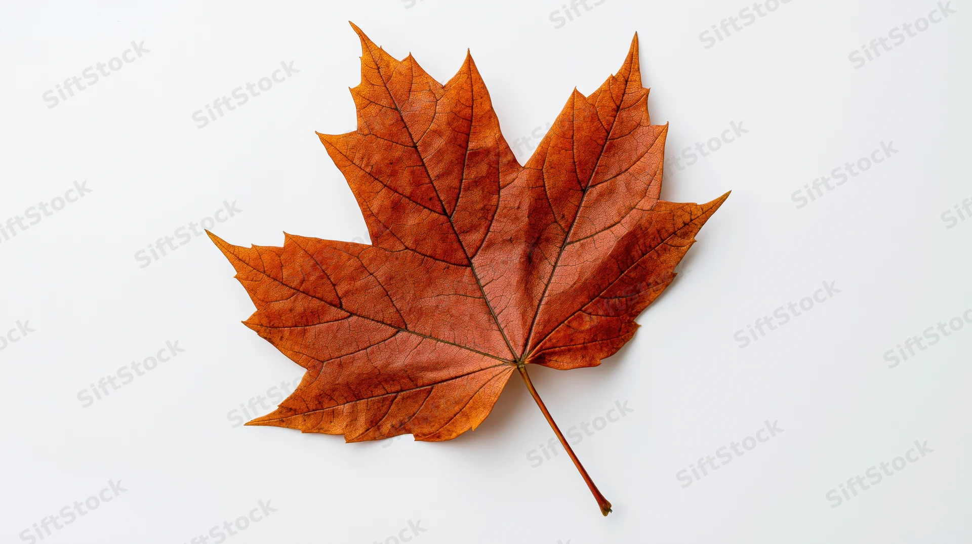Single dried maple leaf laid flat on white background