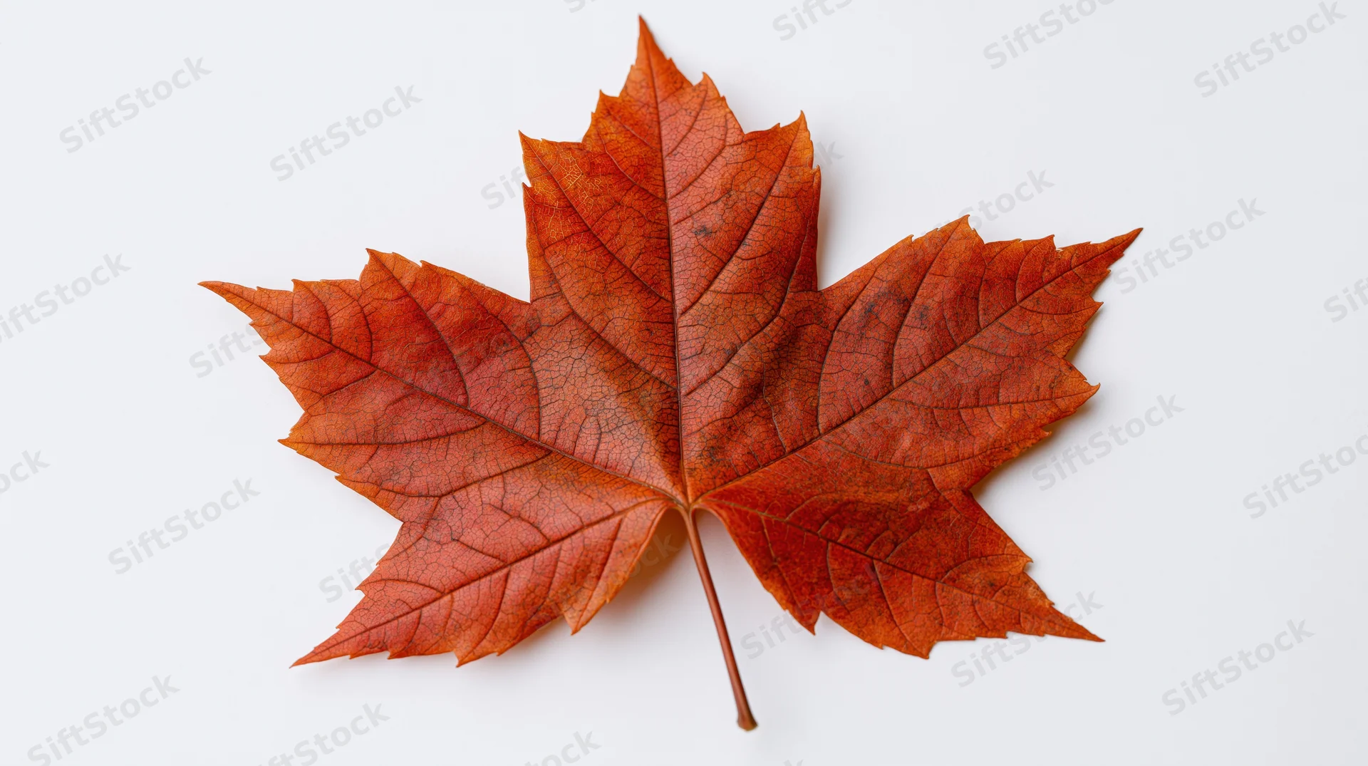 Single orange maple leaf laid flat centered on white background