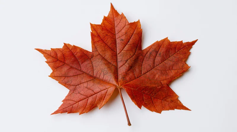 Single orange maple leaf laid flat centered on white background