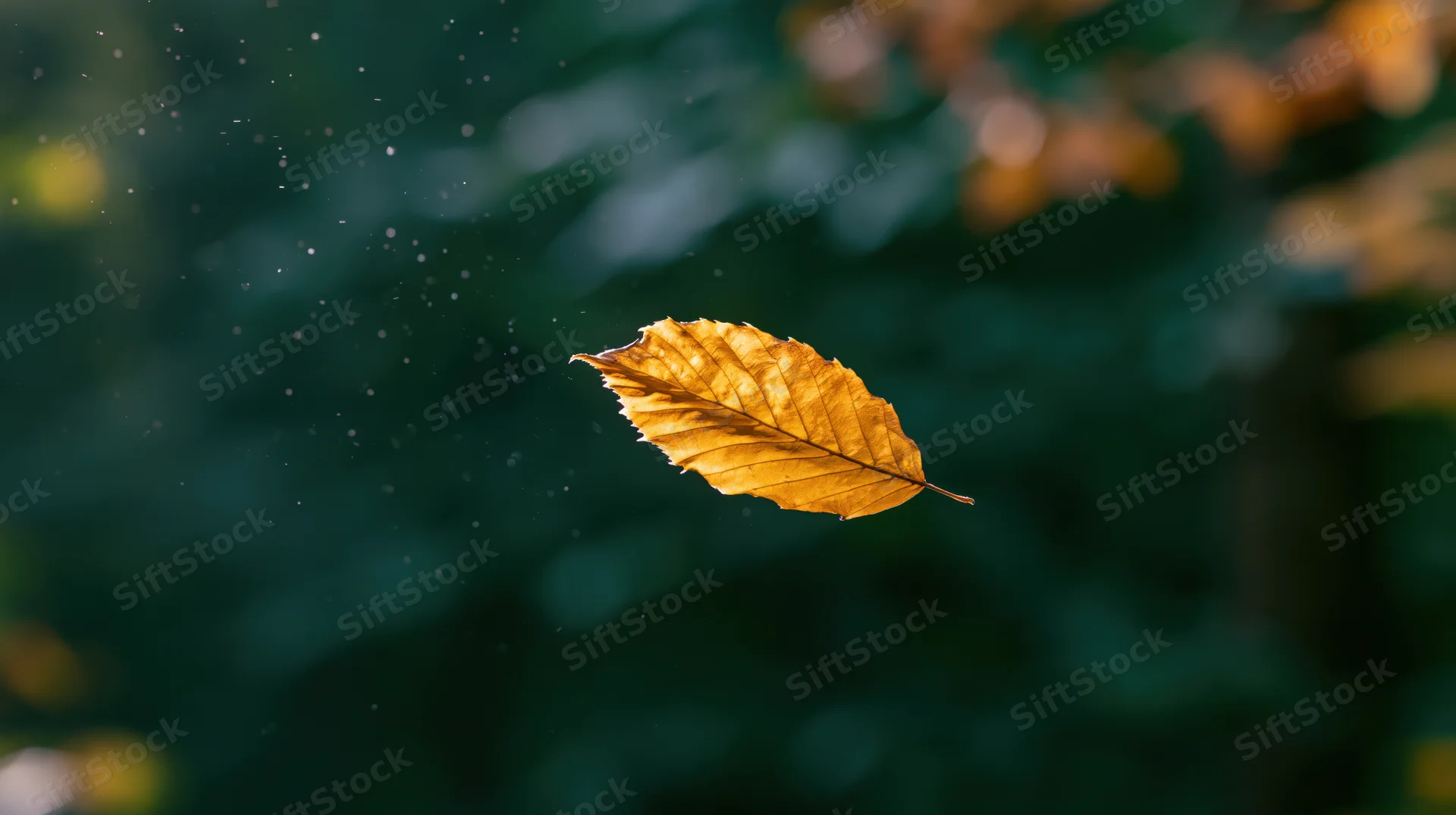 Golden autumn leaf floating midair in a forest setting with blurred green foliage and soft light