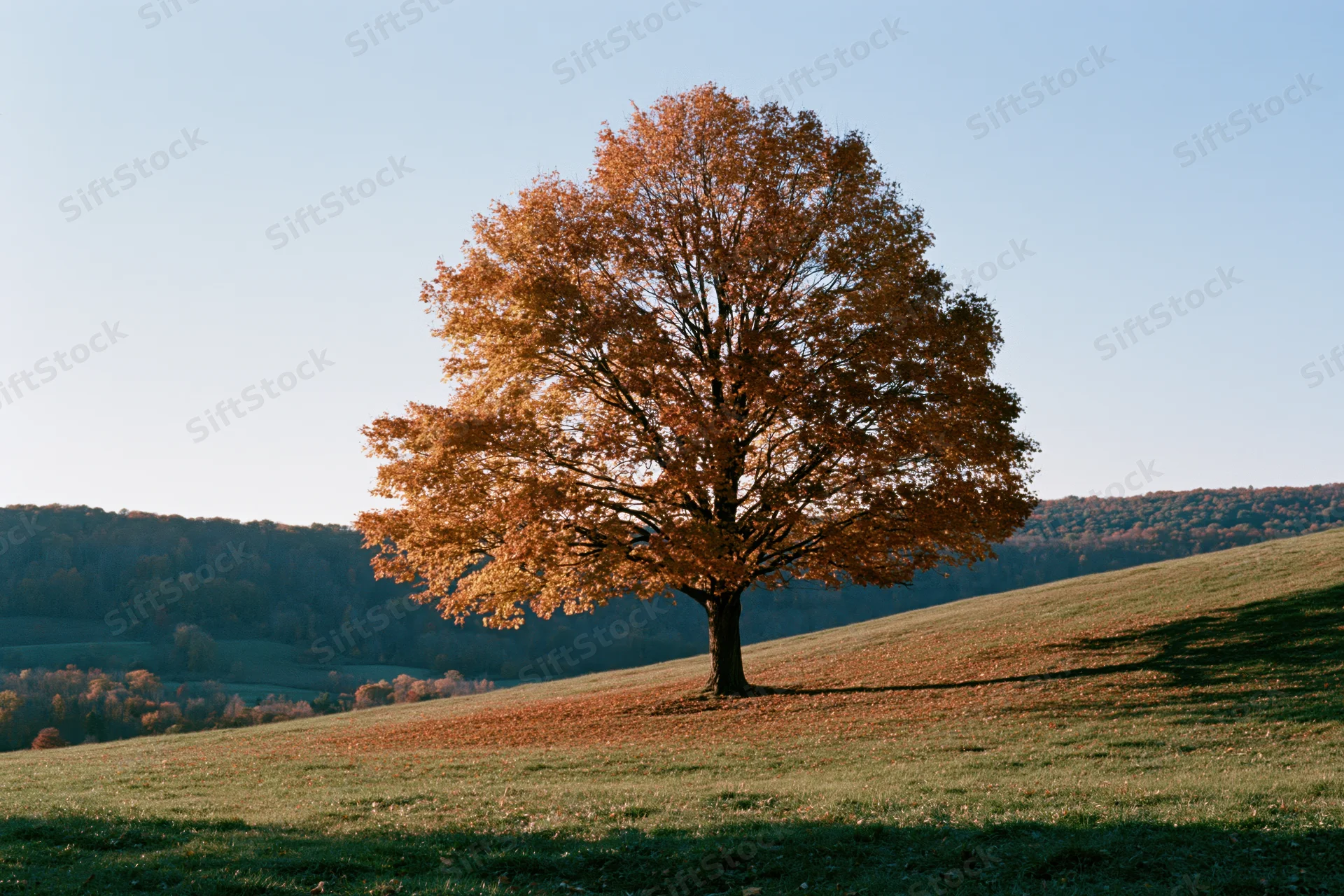 A large deciduous tree in full autumn color stands alone on a grassy hill under a clear blue sky