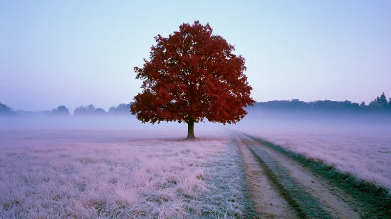 Single red-leafed tree in a foggy field beside a dirt path at dawn