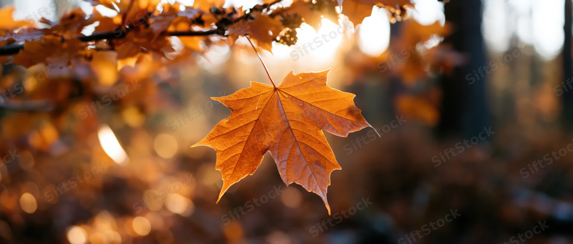 Single maple leaf backlit by late afternoon sun in autumn forest