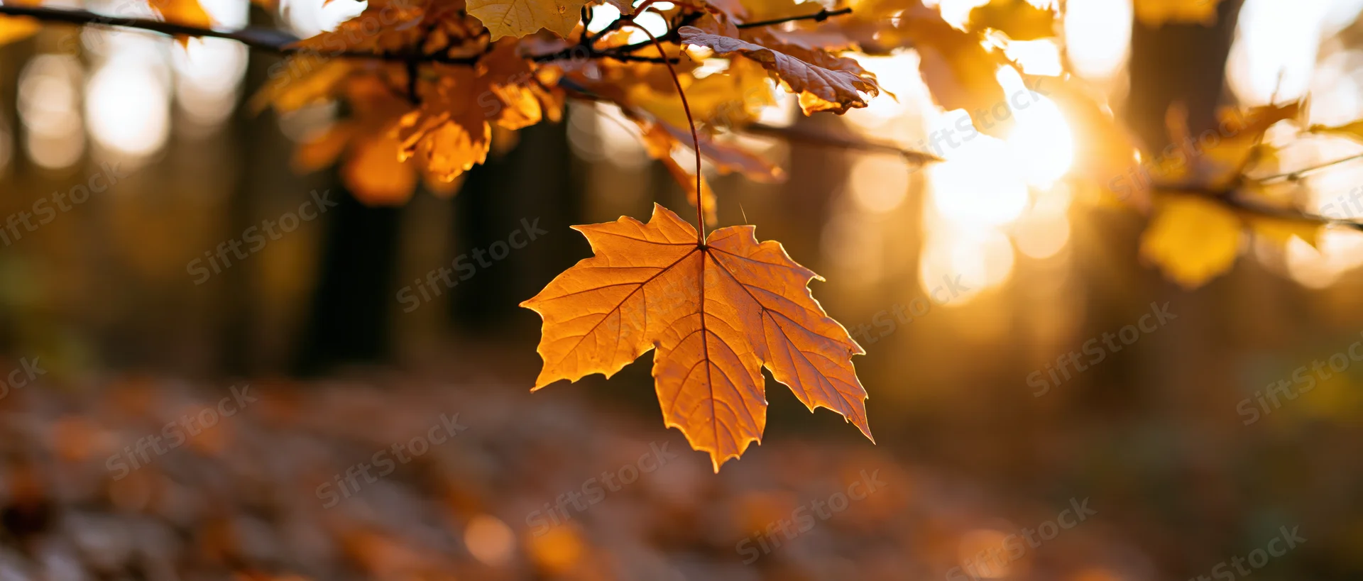 Single maple leaf backlit by autumn sun in a forest setting