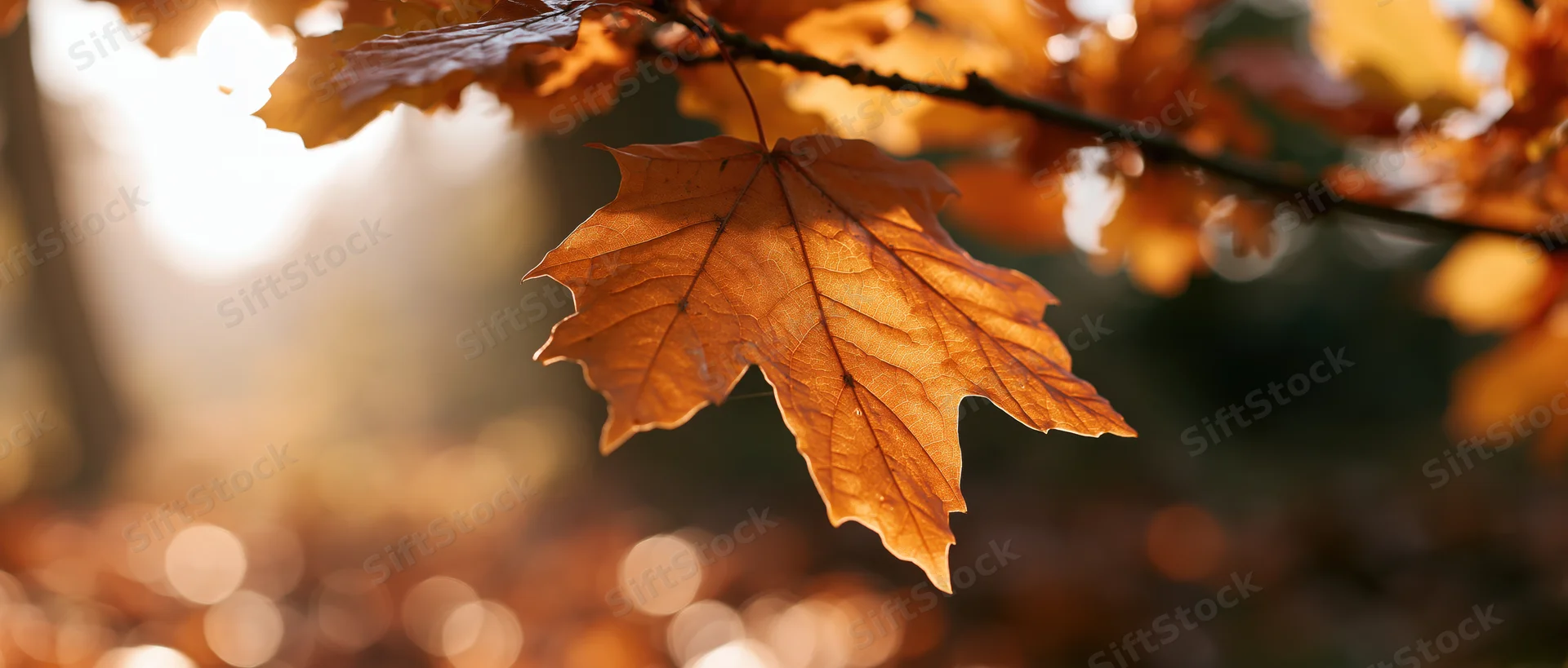 Single maple leaf backlit by late afternoon sun in autumn forest