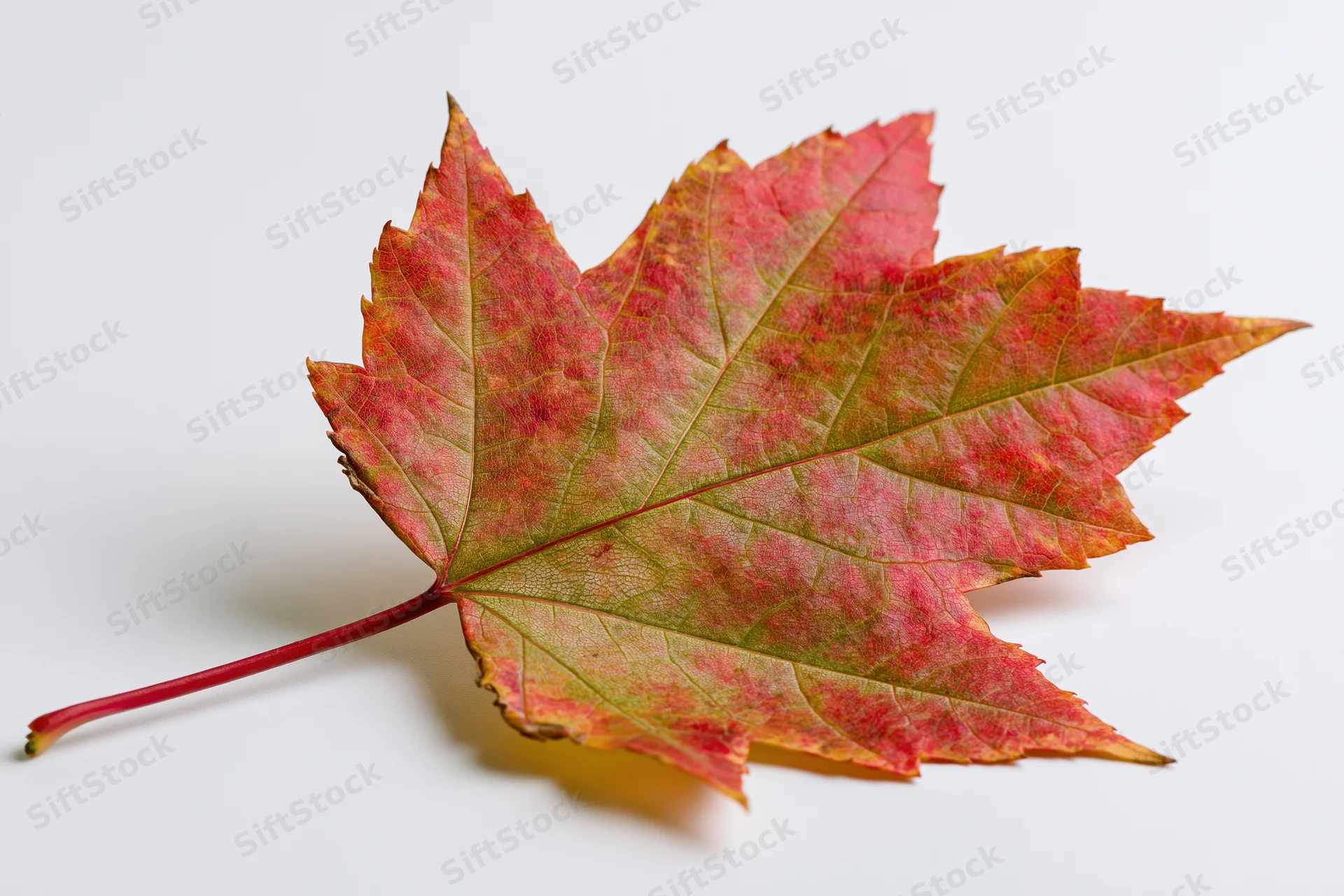 Single maple leaf in autumn transition colors lying flat on white surface