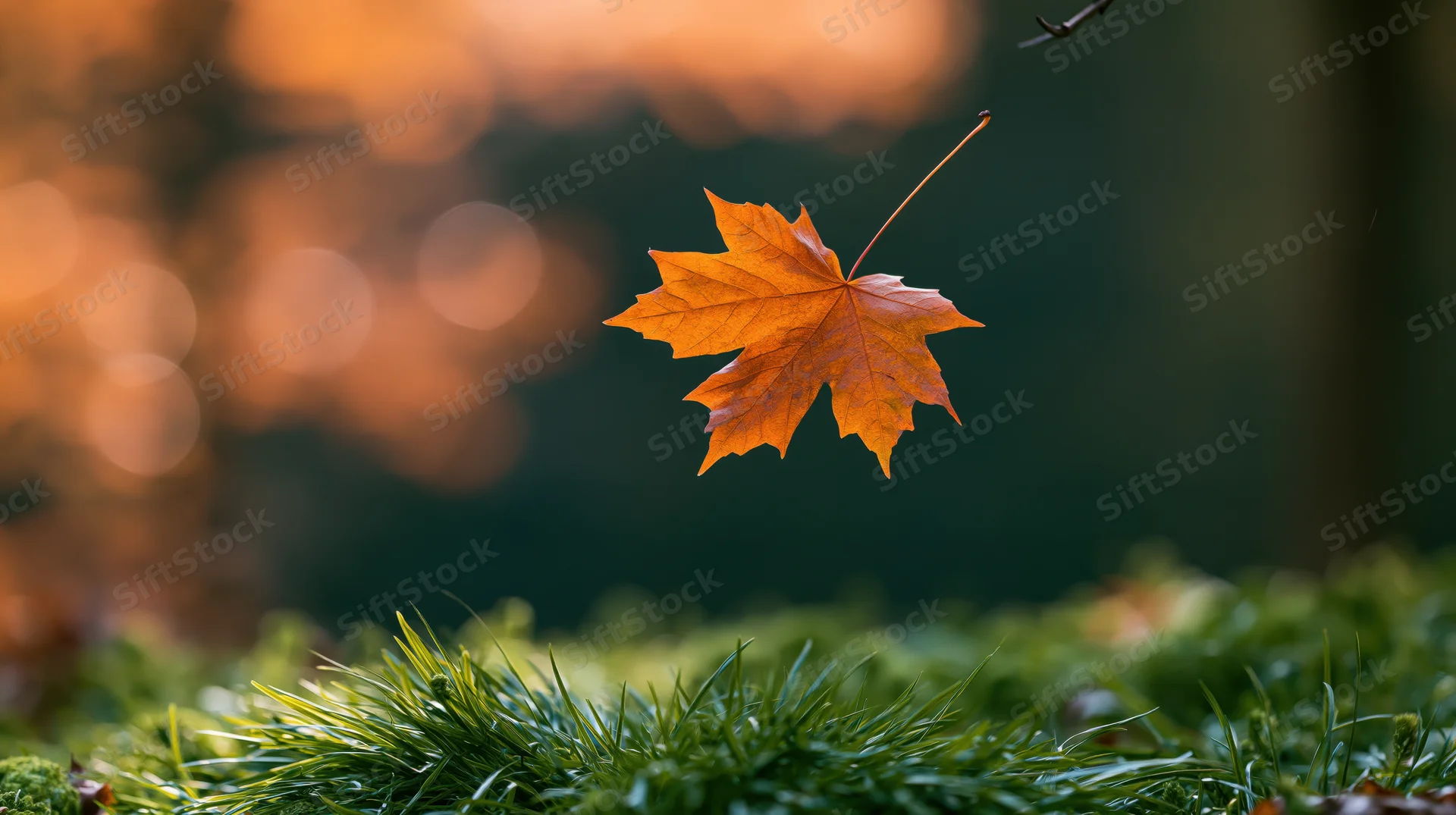 Orange maple leaf clinging to a twig above green grass in a forest at autumn