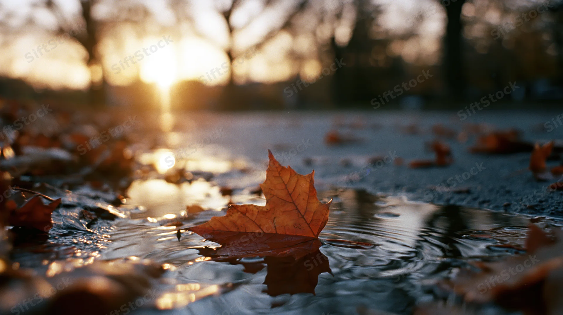 Orange maple leaf floating on a wet pavement puddle at sunset in a park
