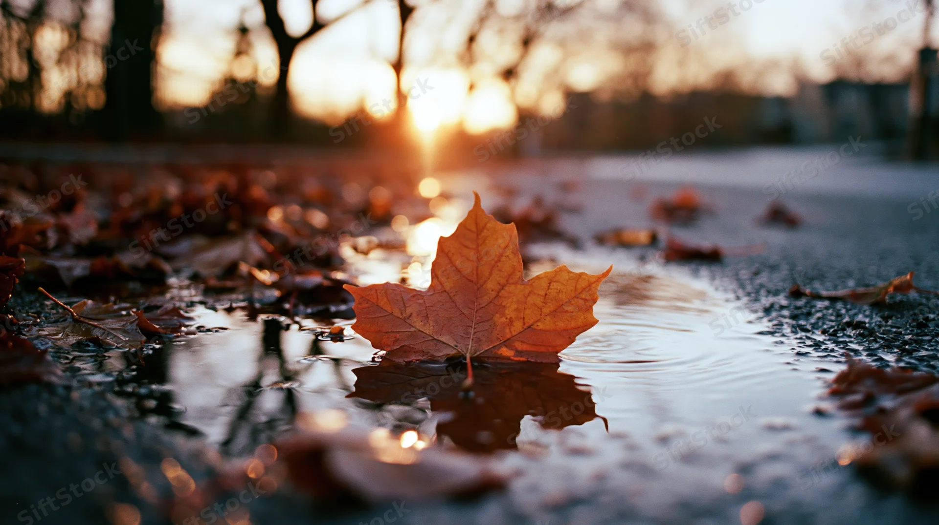 Orange maple leaf floating on wet pavement puddle at sunset in park