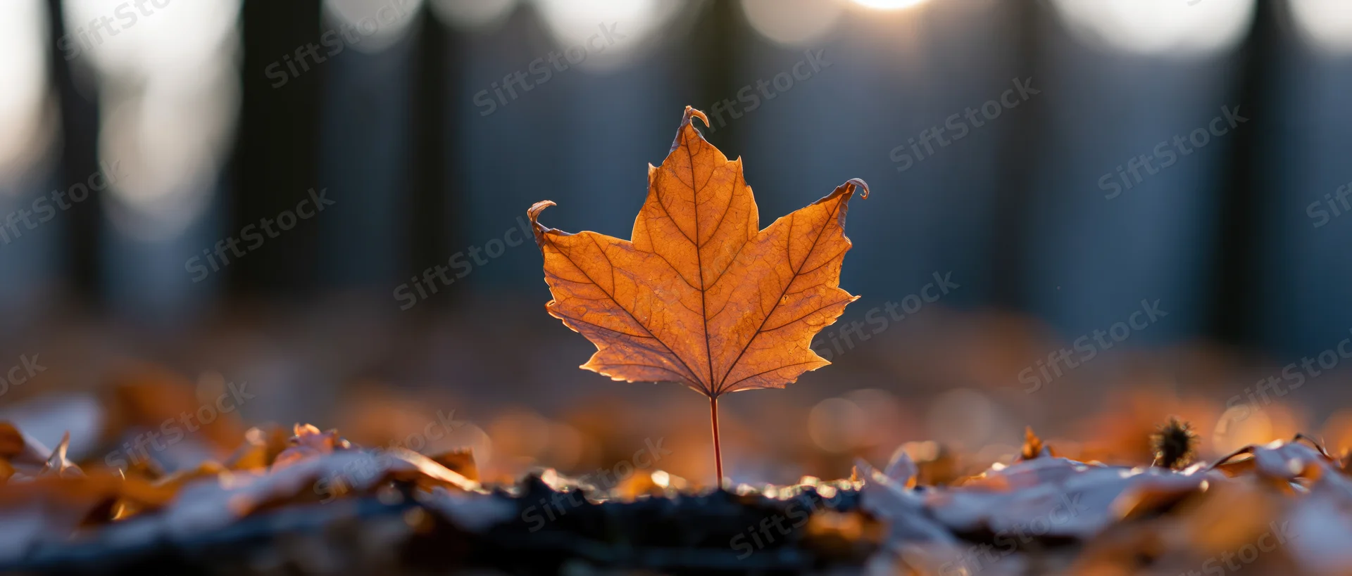 Single orange maple leaf standing upright among fallen leaves in a forest at autumn