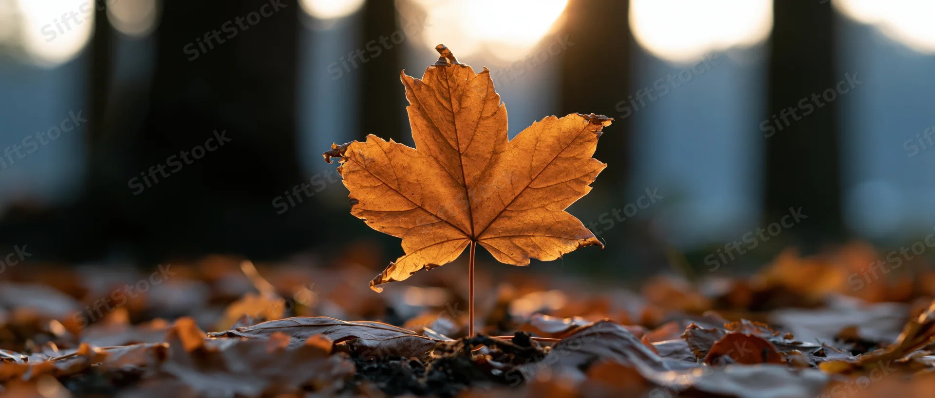 Single orange maple leaf standing upright among fallen leaves in a forest at sunset