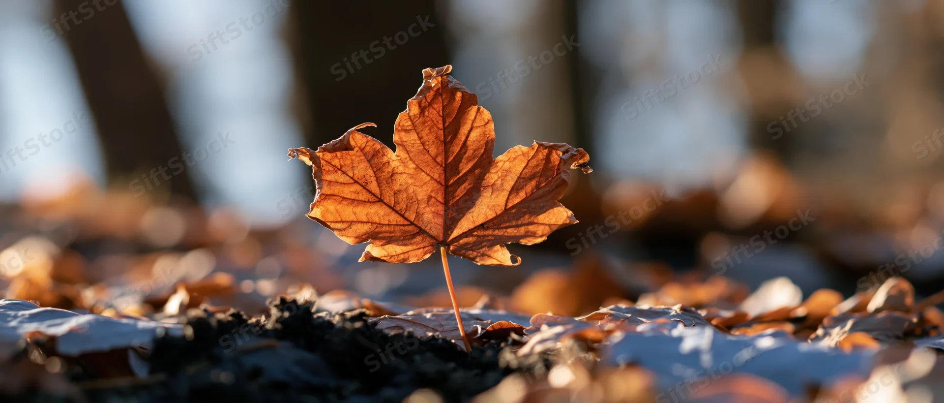 Single orange maple leaf standing upright on forest ground among fallen leaves in autumn sunlight